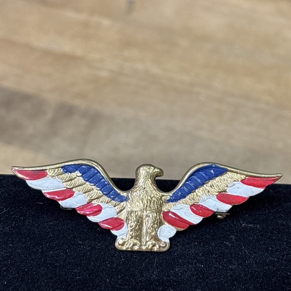 Vintage WWII 1940s Patriotic American Eagle Sweetheart Brooch Red White Blue